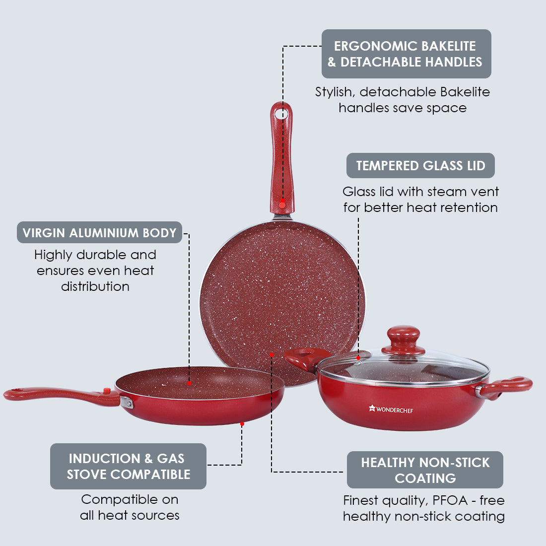 Ruby Plus Cookware Set, 4pc (Dosa Tawa, Fry Pan, Kadhai with Lid), Induction Friendly, Virgin Aluminum,  PFOA/Heavy metal free, 2 Years Warranty,  Dark Red