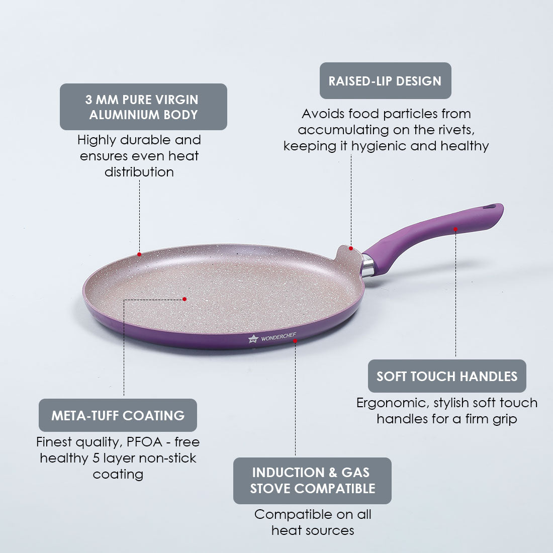 Royal Velvet Non-stick Dosa Tawa, Induction Bottom, Soft-touch Handle, Virgin Grade Aluminium, PFOA/Heavy metals free, 3mm,  2 years Warranty, Purple