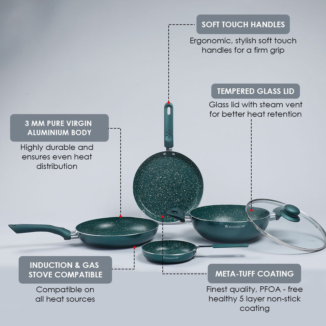 Royal Velvet Non-stick Cookware Set, 5Pc (Fry Pan with Lid, Wok, Dosa Tawa, Mini Fry Pan) Induction bottom, Soft-touch handles, Virgin Grade Aluminium, PFOA/Heavy Metals Free, 2 Years Warranty, Olive Green