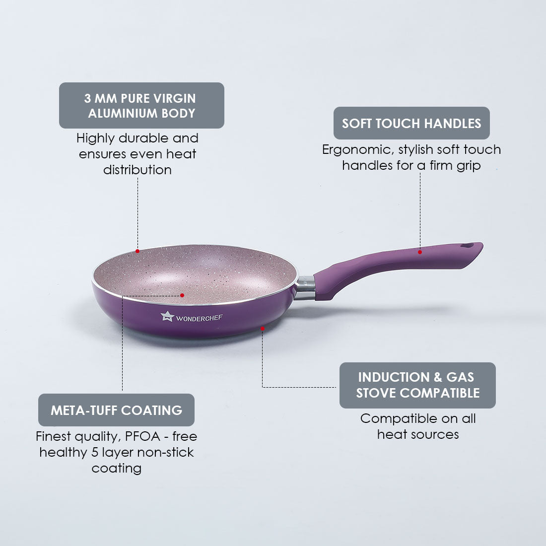 Royal Velvet Non-stick Fry Pan, Induction bottom, Soft-touch handle, Virgin grade aluminium, PFOA/Heavy metals free, 3mm, 2 years warranty, Purple