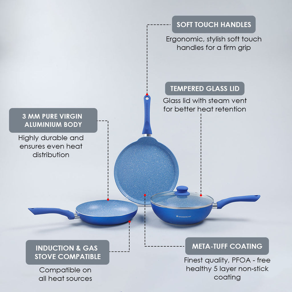 Royal Velvet Non-stick Cookware Set, 4Pc (Fry Pan with Lid, Wok, Dosa Tawa) Induction Bottom, Soft-touch Handles, Virgin Grade Aluminium, PFOA/Heavy Metals Free, 3mm, 2 Years Warranty, Blue