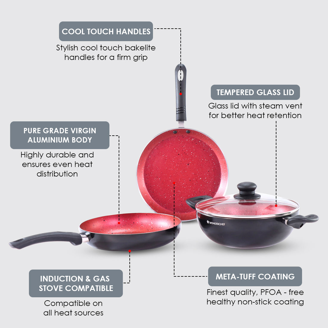 Ruby Set Red 24 cm, Wok. Fry-Pan, Dosa Tawa, Non-Stick - Meta Tuff, Glass Lid with Steam vent