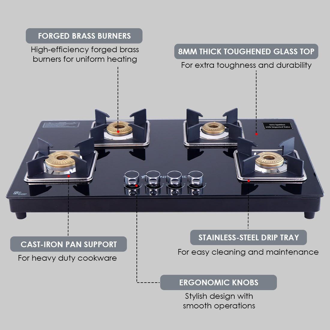 Octavia Auto 4 Burner, Ergonomic knobs, 8 mm thick toughened glass, 2 Years warranty