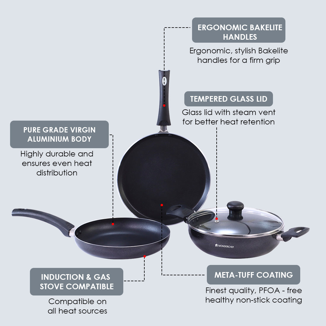 Platinum Plus Non-stick Cookware Set, 4Pc (Kadhai with Lid, Fry Pan, Dosa Tawa), Induction Bottom, Cool-touch Bakelite Handle, Pure Grade Aluminium, PFOA/Heavy Metals Free, 1 Year Warranty, Black