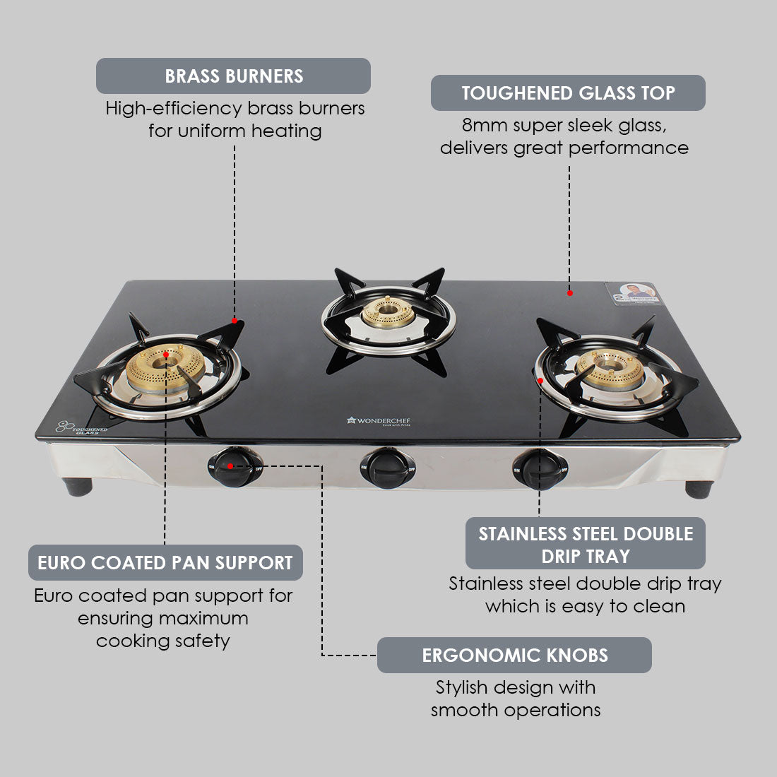 Energy 3 Burner Glass Cooktop, Black 8mm Toughened Glass  with 1 Year Warranty, Soft Touch Knobs, Efficient Brass Burners, Stainless Steel Double Drip Tray