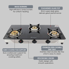 Load image into Gallery viewer, Energy 3 Burner Glass Cooktop, Black 8mm Toughened Glass  with 1 Year Warranty, Soft Touch Knobs, Efficient Brass Burners, Stainless Steel Double Drip Tray