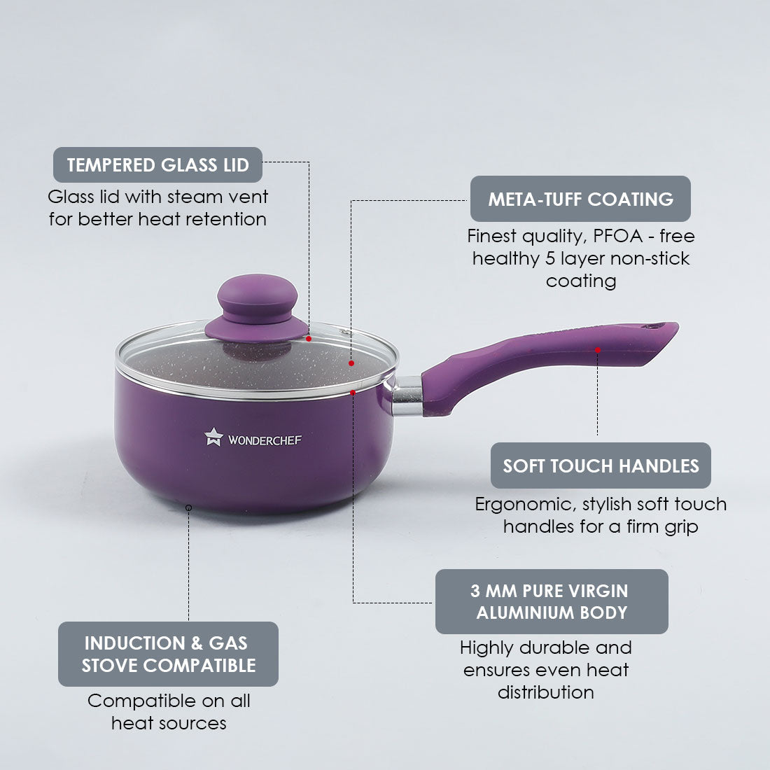 Royal Velvet Non-stick Sauce Pan with Lid, Induction bottom, Soft-touch handle, Virgin grade aluminium, PFOA/Heavy metals free, 3 mm, 2 years warranty, Purple