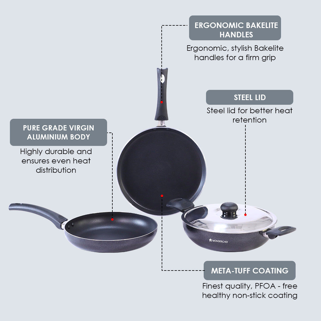 Platinum Plus Non-stick Cookware Set, 4Pc (Kadhai with Lid, Fry Pan, Dosa Tawa), Cool-touch Bakelite Handle, Pure Grade Aluminium, PFOA/Heavy Metals Free, 1 Year Warranty, Black