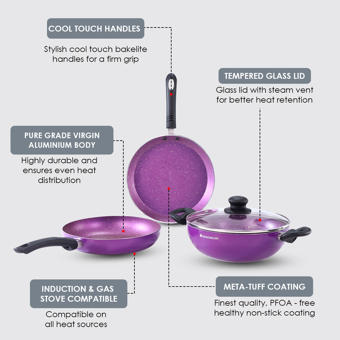 Ruby Set Purple 24 cm, Non- Stick, Meta Tuff, Wok, Fry Pan, Dosa Tawa, Pure grade Aluminum