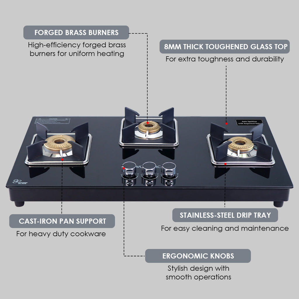 Octavia Auto 3 Burner, Ergonomic knobs, 8 mm thick toughened glass, 2 Years warranty