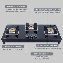 Load image into Gallery viewer, Octavia Auto 3 Burner, Ergonomic knobs, 8 mm thick toughened glass, 2 Years warranty