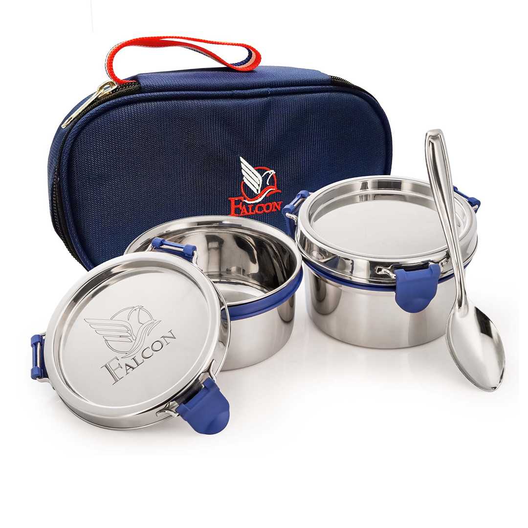 Pdd Falcon Steel Lunch Box Set of 2, Blue - 600 ML Each with 1 Year Warranty