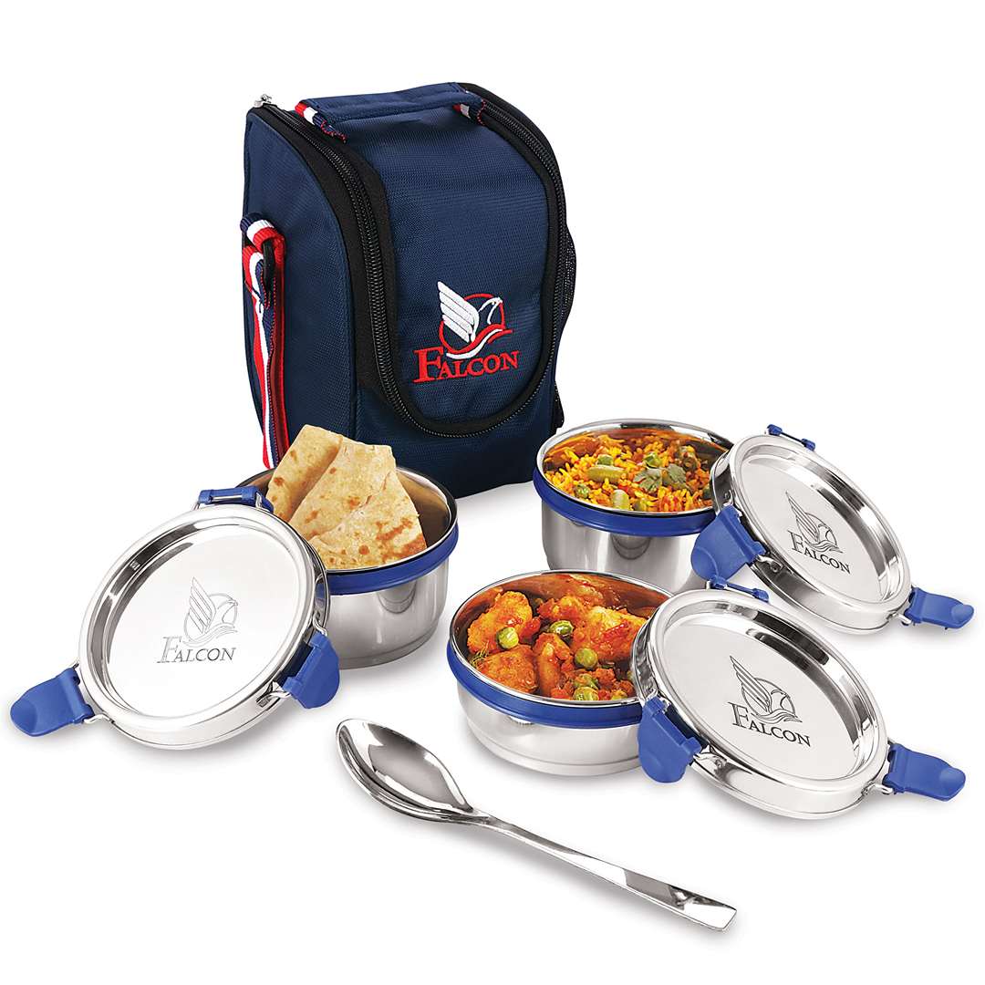 Pdd Falcon Steel Lunch Box Set of 3, Blue - 800 ML Each with 1 Year Warranty