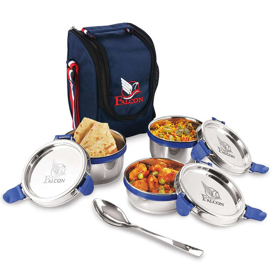 Pdd Falcon Steel Lunch Box Set of 3, Blue - 800 ML Each with 1 Year Warranty