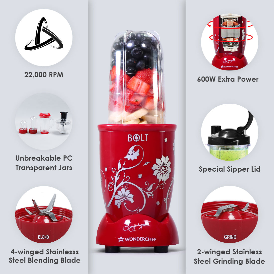 Nutri-blend BOLT-600W Mixer With Compact Food Processor & Atta Kneader, Stronger & Swifter With Sipper Lid, 22000RPM, 4 Unbreakable Jars, Sharper Steel Blades, 2 Yrs Warranty, Red, E-Recipe Book By Chef Sanjeev Kapoor