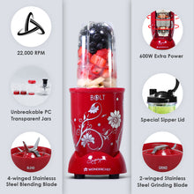 Load image into Gallery viewer, Nutri-blend BOLT-600W Mixer With Compact Food Processor &amp; Atta Kneader, Stronger &amp; Swifter With Sipper Lid, 22000RPM, 4 Unbreakable Jars, Sharper Steel Blades, 2 Yrs Warranty, Red, E-Recipe Book By Chef Sanjeev Kapoor