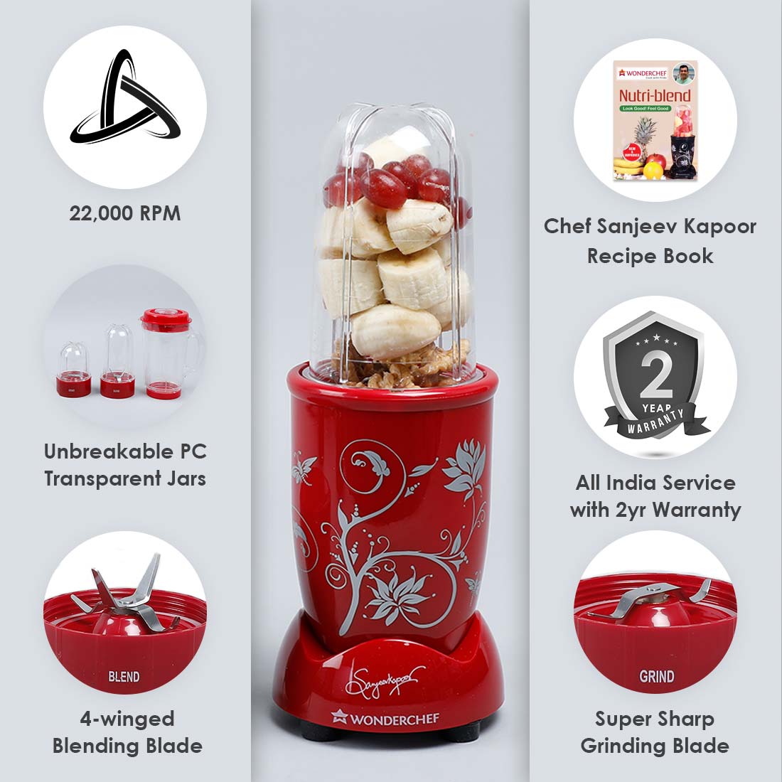 Nutri-blend, 400W, 22000 RPM Mixer-Grinder, Blender, SS Blades, 3 Unbreakable Jars, 2 Years Warranty, Red, Online Recipe Book By Chef Sanjeev Kapoor