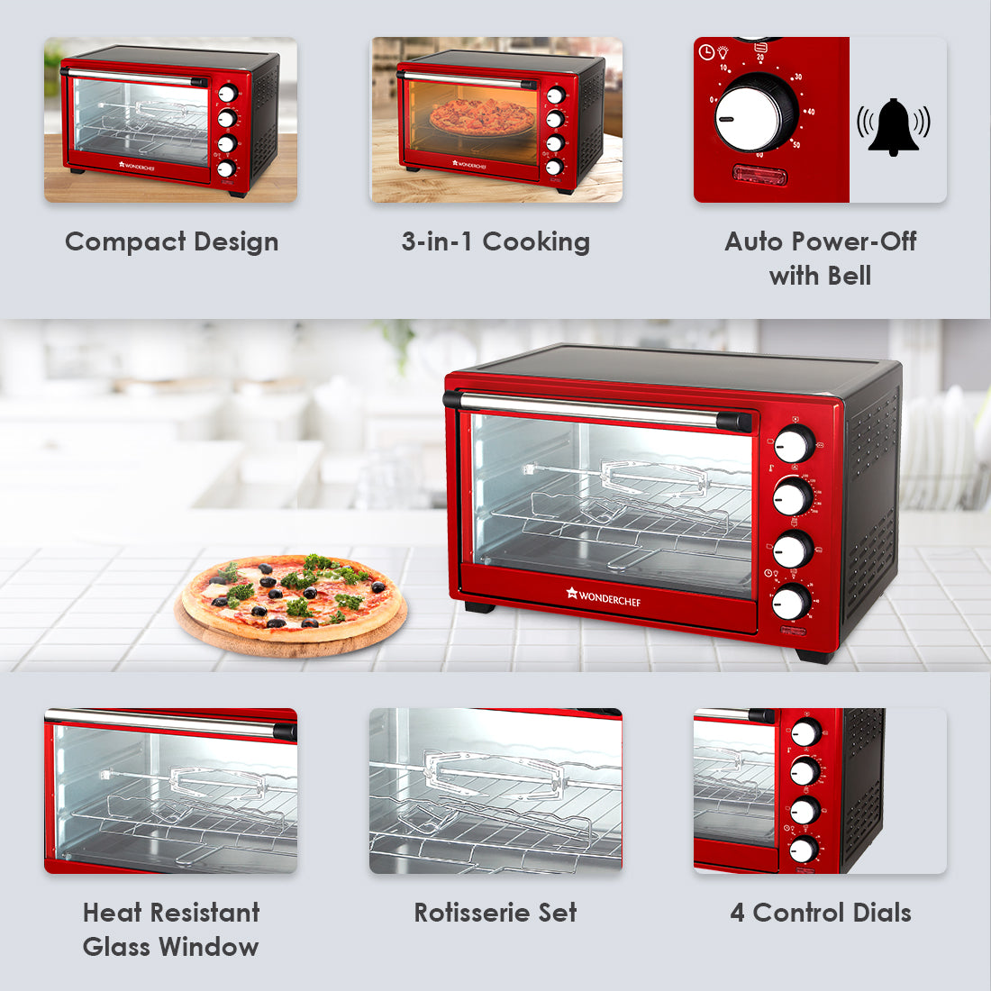 Oven Toaster Griller (OTG) Crimson Edge - 28Litres - with Auto-shut Off, Heat-resistant Tempered Glass, Multi-stage Heat Selection, 2 Years Warranty, 1600W, Red