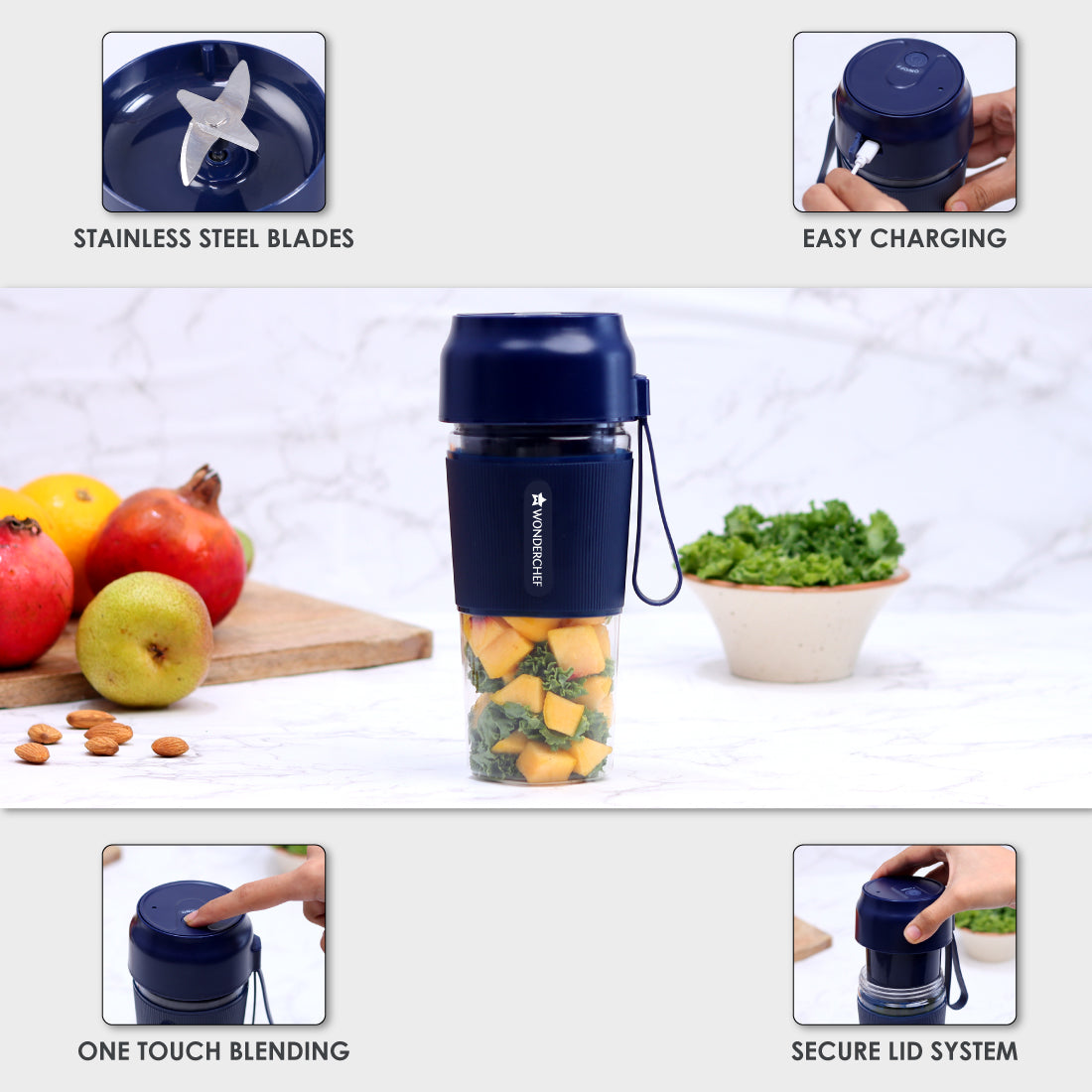 Nutri-cup portable blender With USB Charging, 300ML - Blue