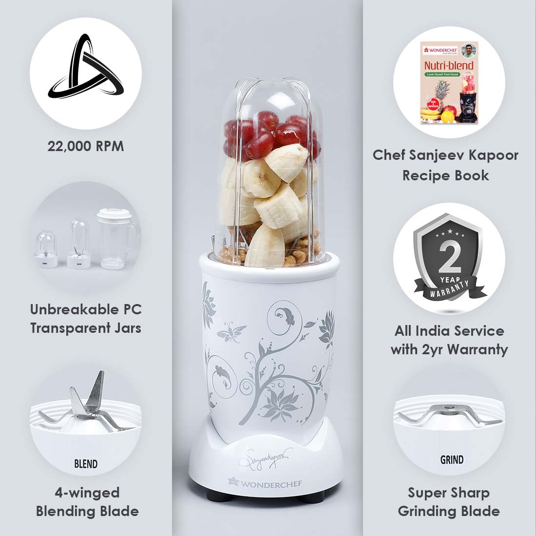 Nutri-blend, 400W, 22000 RPM Mixer-Grinder, Blender, SS Blades, 3 Unbreakable Jars, 2 Years Warranty, White, Online Recipe Book By Chef Sanjeev Kapoor