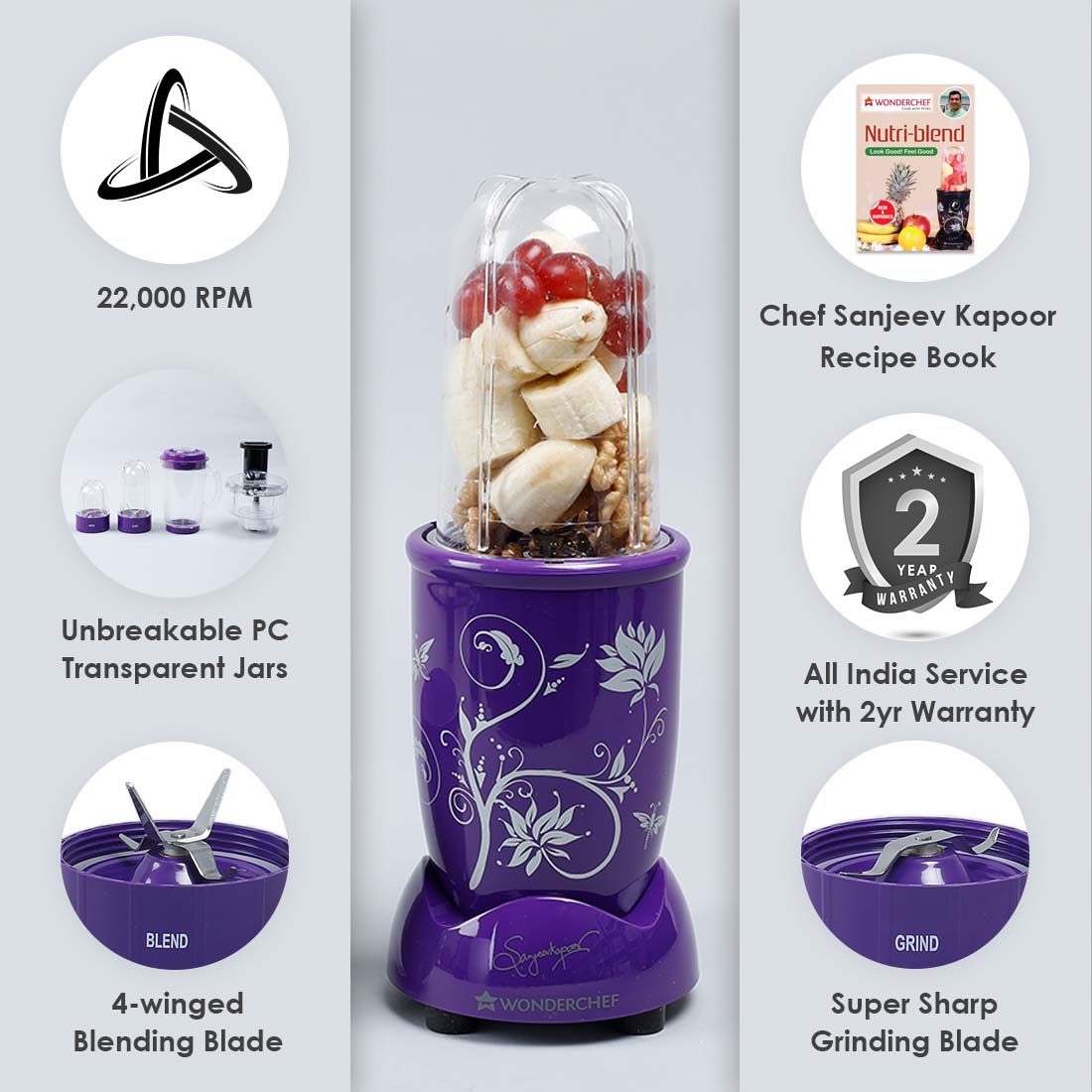 Nutri-blend Compact Food Processor with Atta Kneader, 400W, 22000 RPM Mixer-Grinder, Blender, Chopper, Juicer, SS Blades, 4 Unbreakable Jars, 2 Years Warranty, Purple, E-Recipe Book By Chef Sanjeev Kapoor