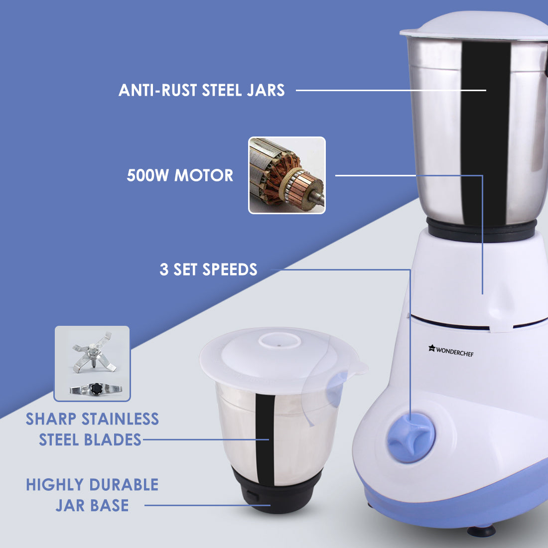 Wonderchef Capri Mixer Grinder 500W With 3 Stainless Steel Jars (White & Blue)