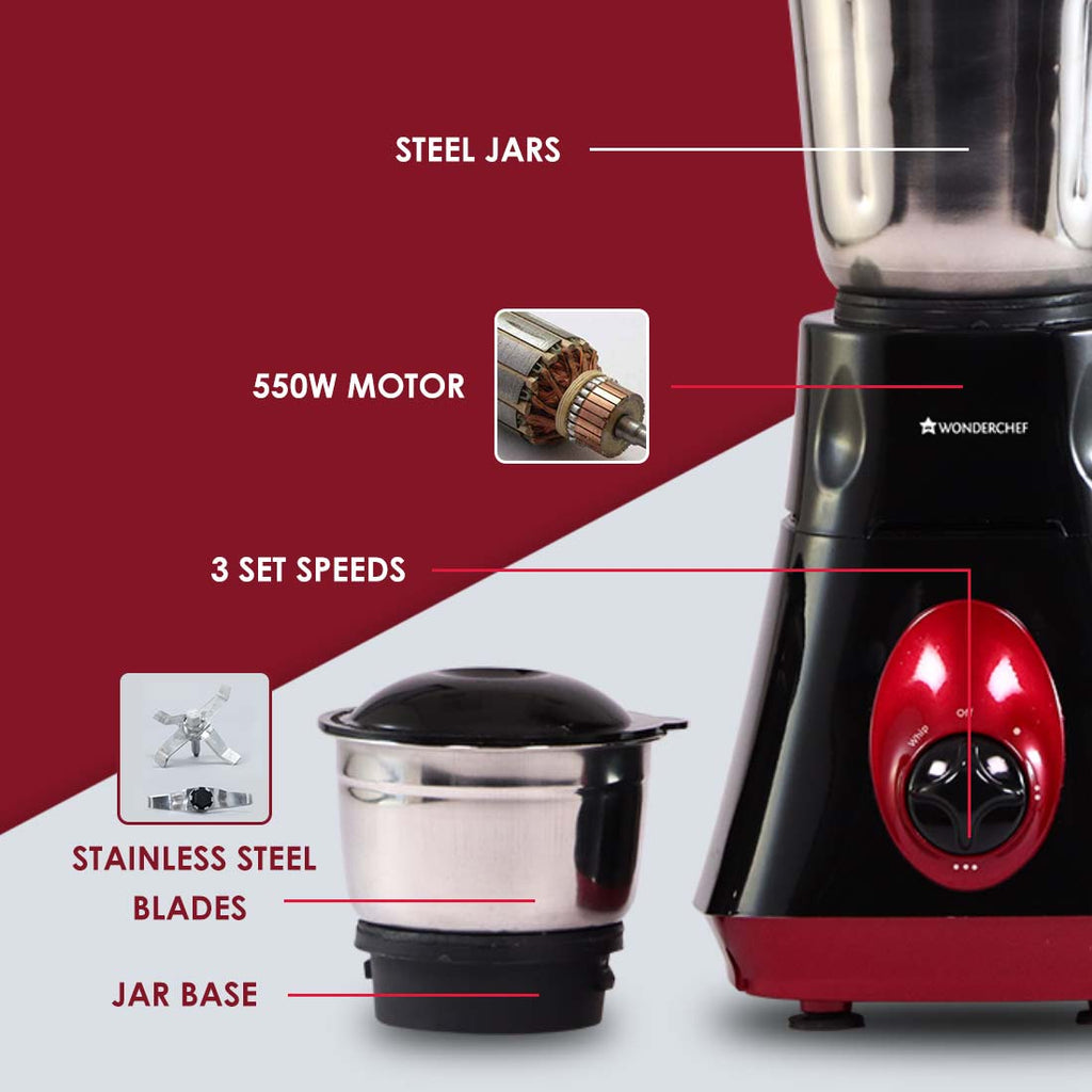 Vietri Mixer Grinder, 550Wwith 3 Anti-rust Stainless Steel Jars and Blades, 3-speed Knob, Anti-skid Feet, 5 Years Warranty on Copper Armature Motor, Black & Red