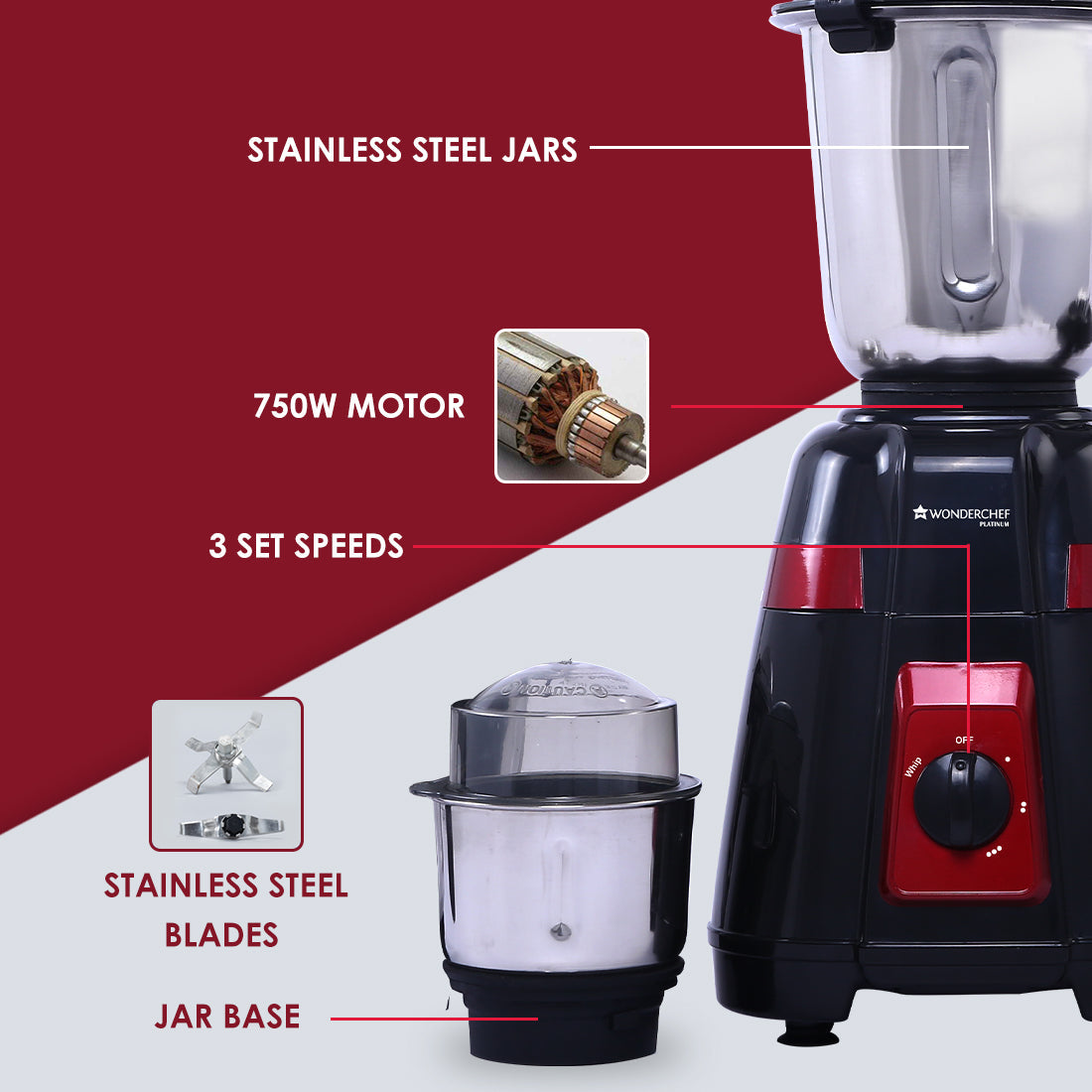 Platinum Mixer Grinder 750W with 4 Stainless Steel Jars And Anti-Rust Stainless Steel Blades, Ergonomic Handles, 5 Years Warranty On Motor,  Black & Crimson