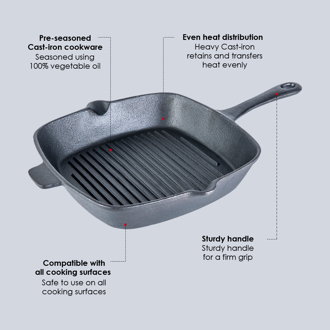 Forza Cast-iron Grill Pan, Pre-Seasoned Cookware, Induction Friendly, 26cm, 3.8mm