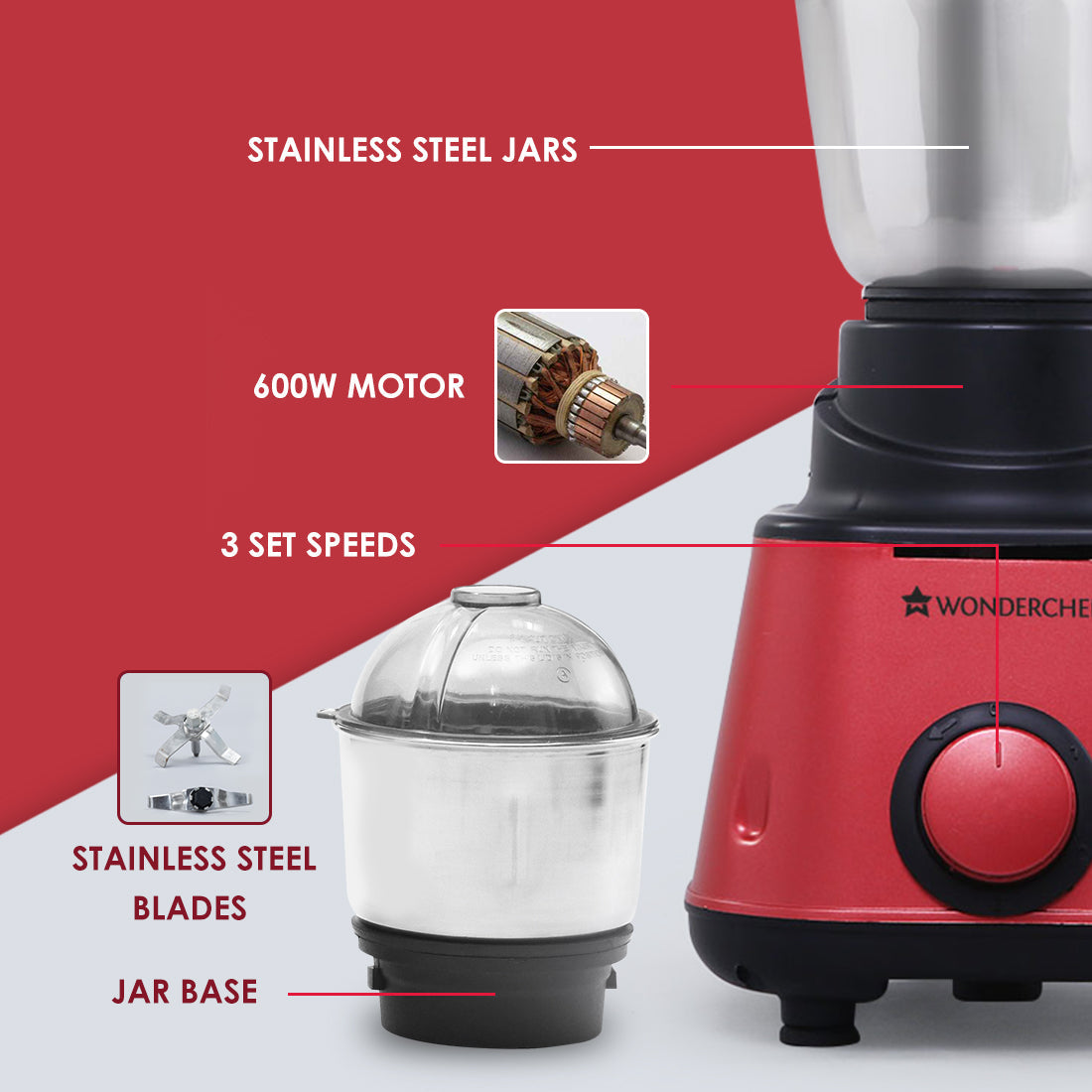 Sumo Mixer Grinder-600W With 3 Stainless Steel Jars and Anti-Rust Stainless Steel Blades, Ergonomic Handles, 5 Years Warranty on Motor, Red and Black