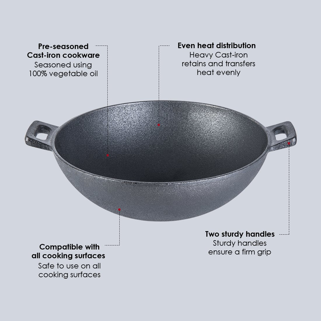 Forza Cast-iron Kadhai with lid combo, Pre-Seasoned Cookware, Induction Friendly, 24cm, 1.9L, 3.8mm