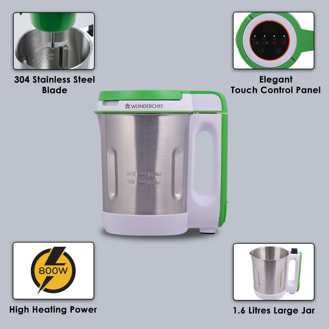 Soup Maker 1L, 800W, Green and Silver, Easy to use,