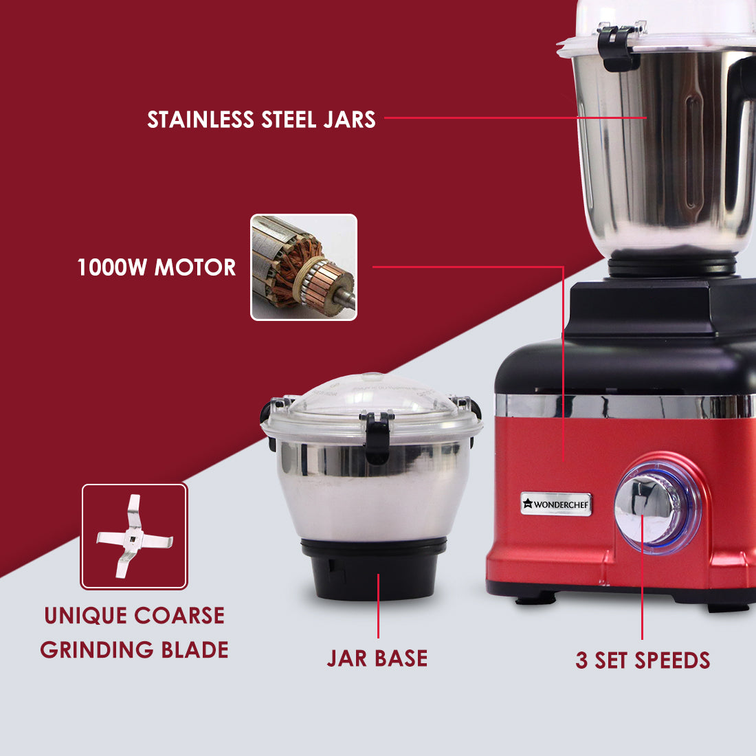 Sumo Mixer Grinder 1000W With 3 Stainless Steel & 1 Fruit Filter Jar 5 Years Warranty On Motor, Rust And Black, Long life motor