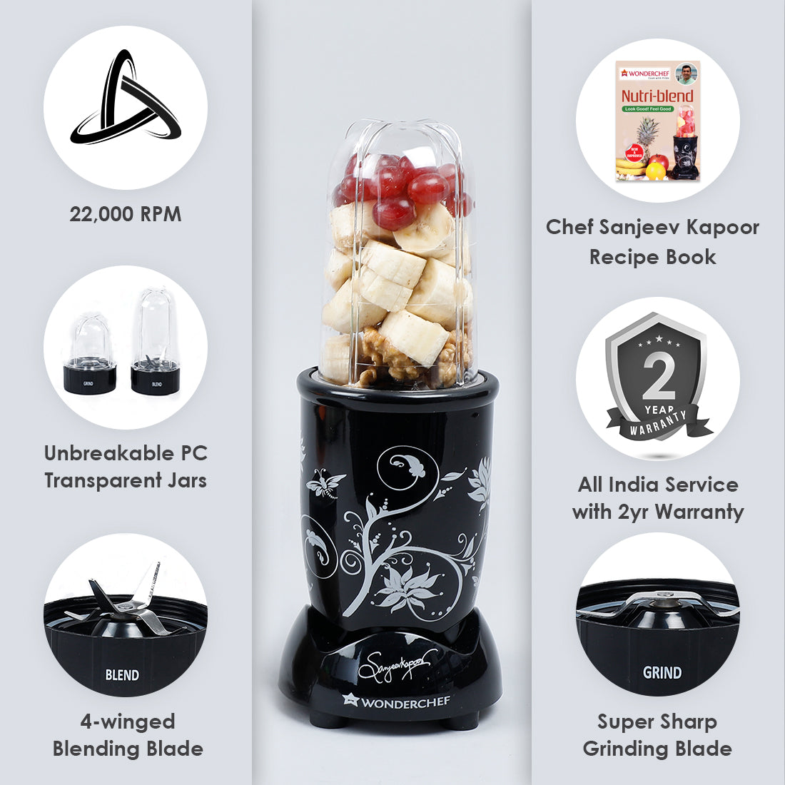 Nutri-blend, 400W, 22000 RPM Mixer-Grinder, Blender, SS Blades, 2 Unbreakable Jars, 2 Years warranty, Black with Serving Glass Set, Online Recipe Book By Chef Sanjeev Kapoor