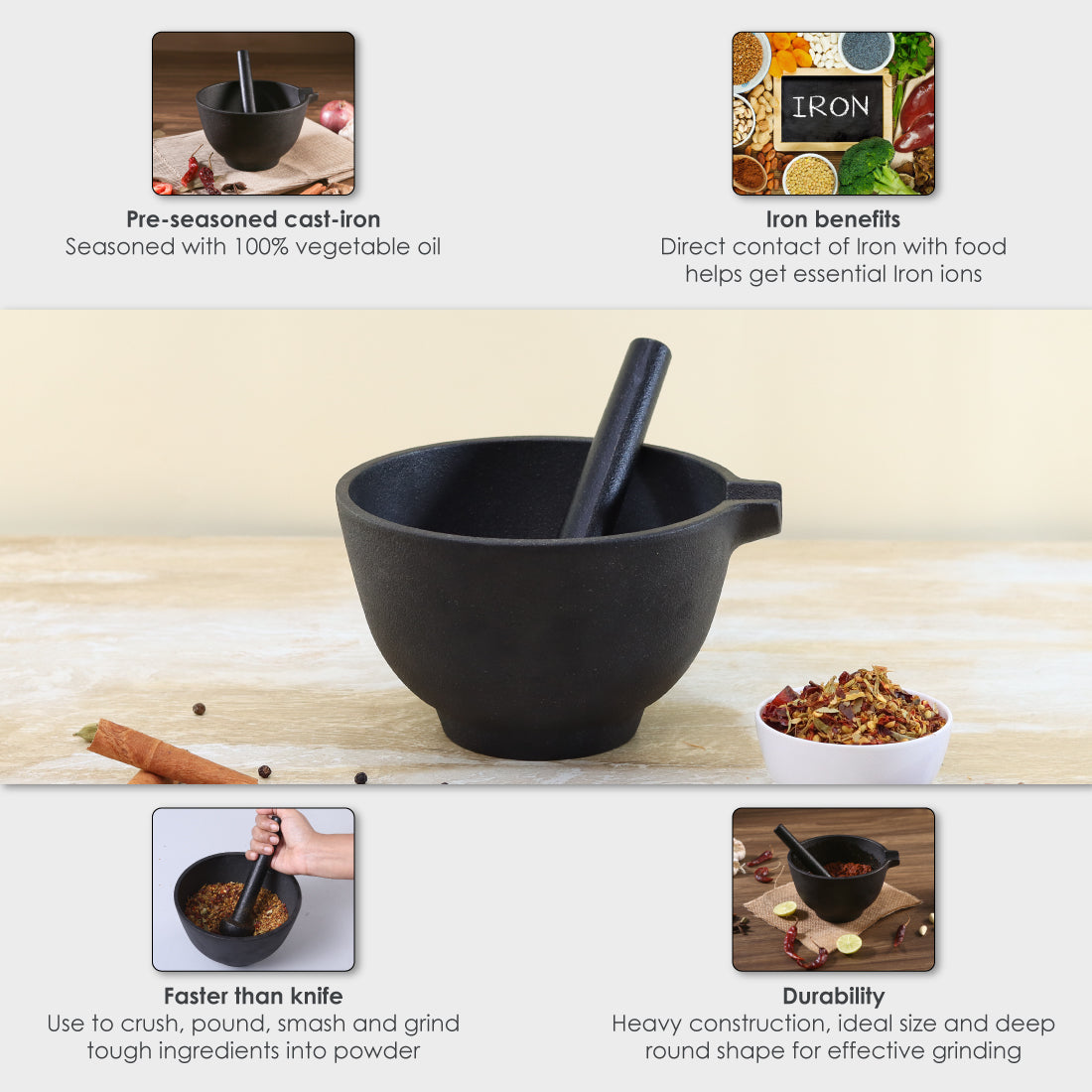 Forza pre-seasoned cast-iron mortar & pestle