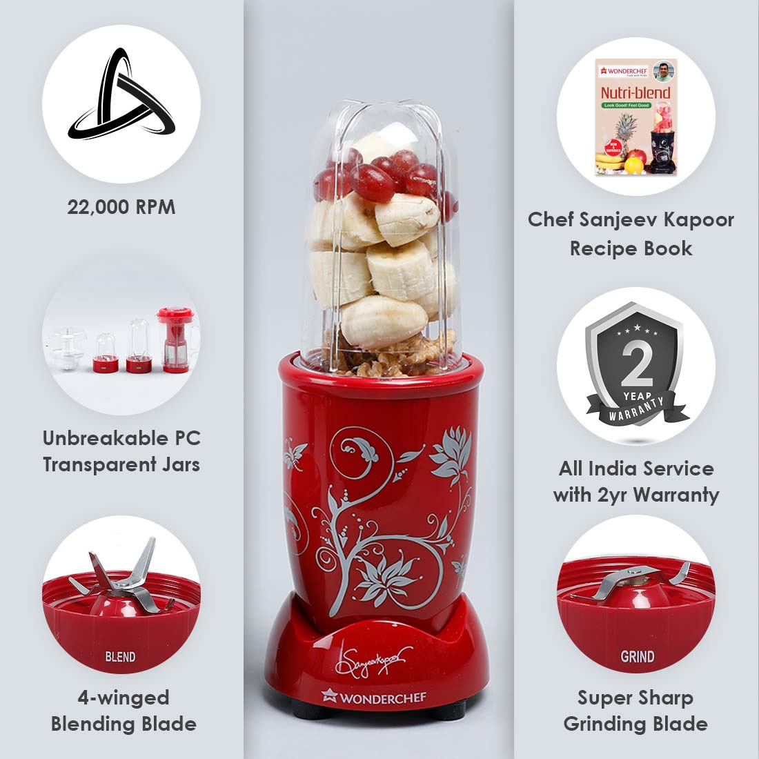 Nutri-blend Complete Kitchen Machine, 400W, 22000 RPM Mixer-Grinder, Blender, Chopper, Juicer, SS Blades, 4 Unbreakable Jars, 2 Years Warranty, Red, Online Recipe Book By Chef Sanjeev Kapoor