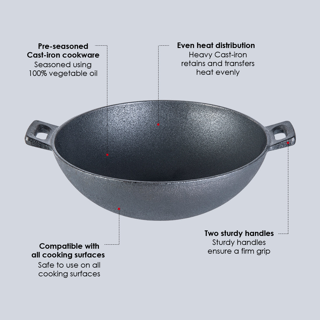 Forza Cast-iron Kadhai, Pre-Seasoned Cookware, Induction Friendly, 24cm, 1.9L, 3.8mm