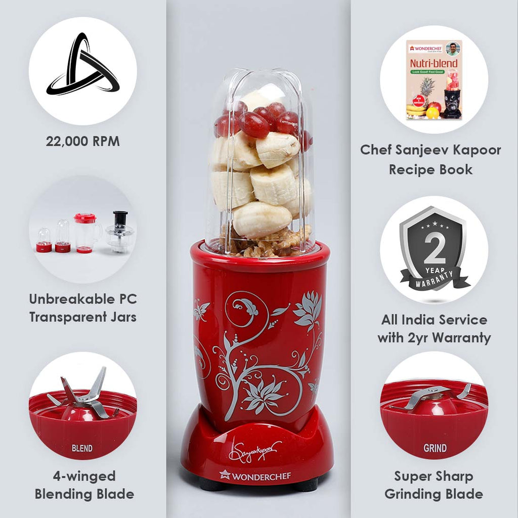 Nutri-blend Compact Food Processor with Atta Kneader, 400W, 22000 RPM Mixer-Grinder, Blender, Chopper, Juicer, SS Blades, 4 Unbreakable Jars, 2 Years Warranty, Red, E-Recipe Book By Chef Sanjeev Kapoor