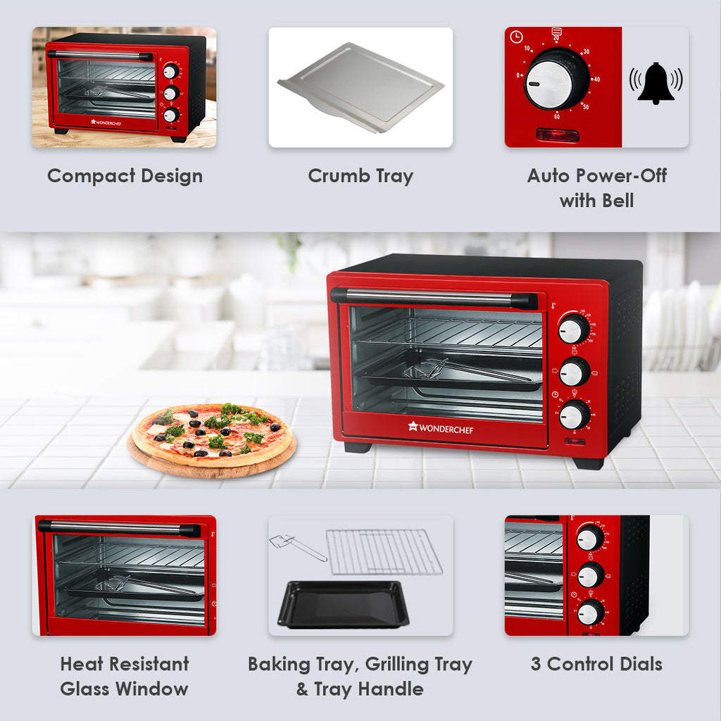 Oven Toaster Griller (OTG) Crimson Edge - 19 Litres - with Auto-shut Off, Heat-resistant Tempered Glass, Multi-stage Heat Selection, 2 Years Warranty, 1280W, Red