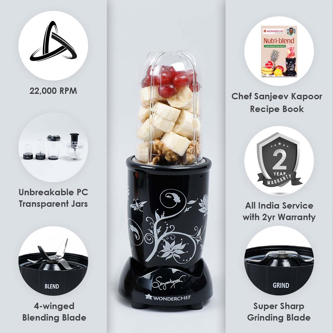 Nutri-blend Compact Food Processor with Atta Kneader, 400W, 22000 RPM Mixer-Grinder, Blender, Chopper, Juicer, SS Blades, 4 Unbreakable Jars, 2 Years Warranty, Black, E-Recipe Book By Chef Sanjeev Kapoor