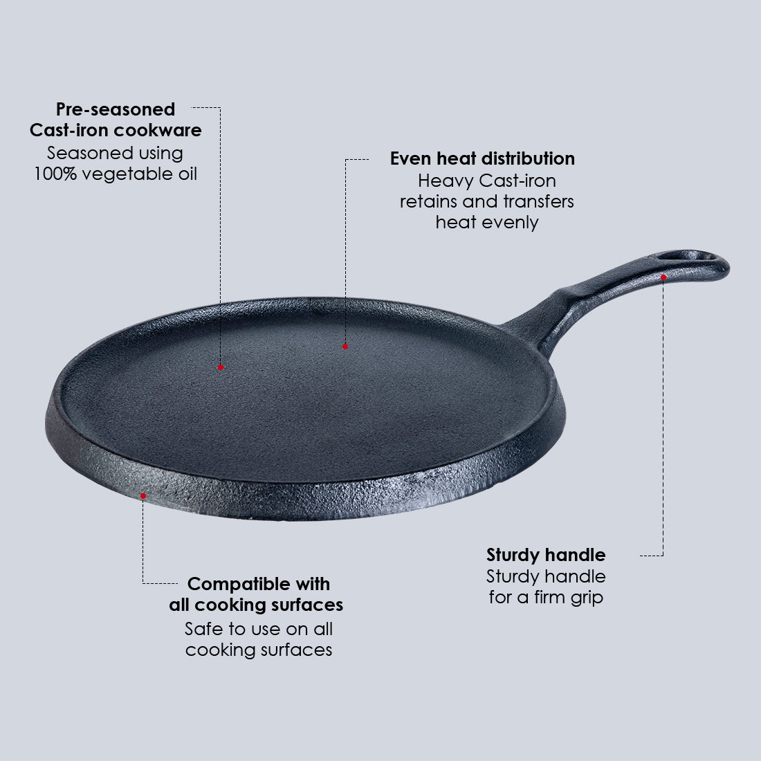 Forza Cast-iron Dosa Tawa, Pre-Seasoned Cookware, Induction Friendly, 25cm, 3.8mm