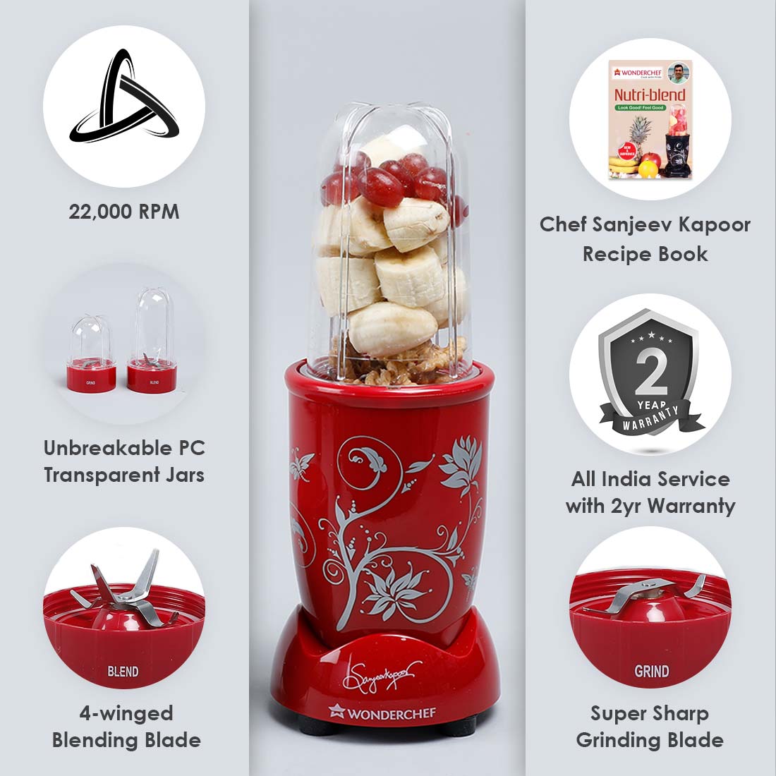 Nutri-blend, 400W, 22000 RPM Mixer-Grinder, Blender, SS Blades, 2 Unbreakable Jars, 2 Years warranty, Red, Online Recipe Book By Chef Sanjeev Kapoor