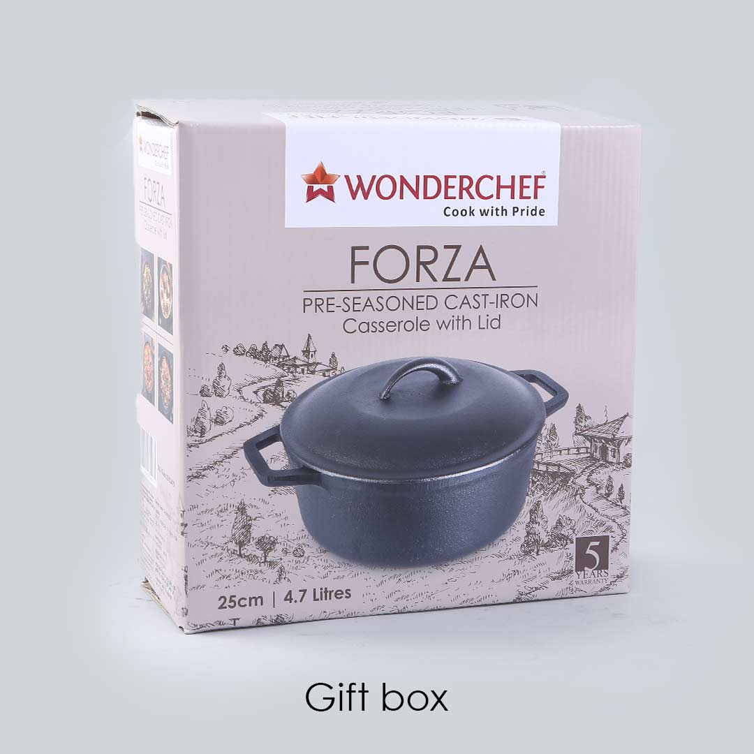 Forza Cast-iron Casserole With Lid, Pre-Seasoned Cookware, Induction Friendly, 25cm, 4.7L, 3.8mm