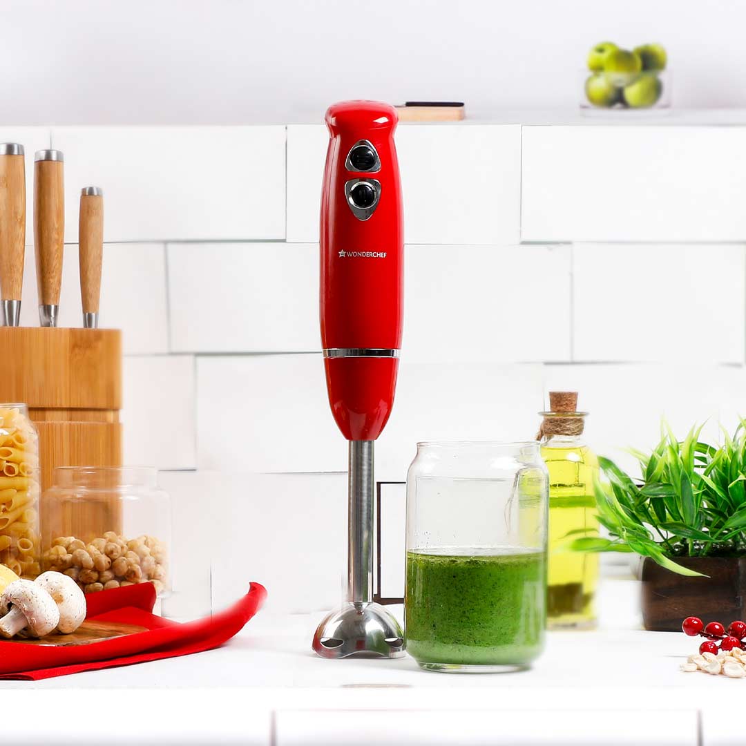 Hand Blender Crimson Edge, Thin Body, Low Noise Operation, Sharp Stainless Steel Blades, Detachable Shaft, 2 Years Warranty, 400W, Red