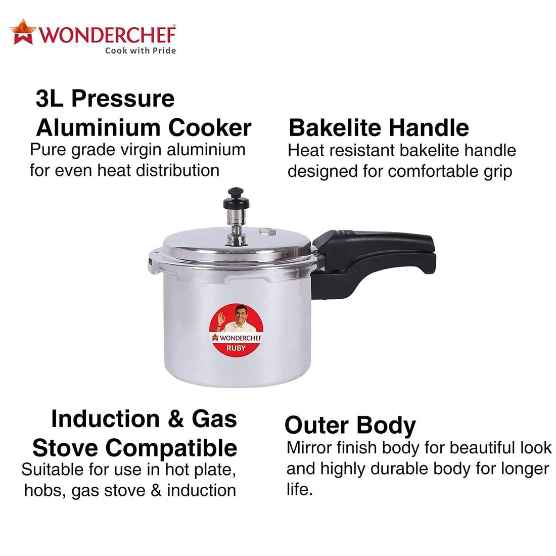 Ruby Induction Base Aluminium Pressure Cooker Combo with Outer Lid, 2, 3, 5L