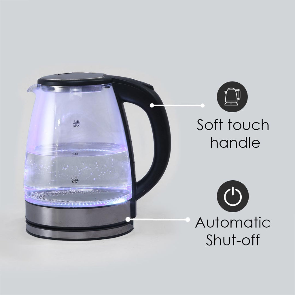 Azure Electric Glass Kettle, 1.8L, Borosilicate Glass Body, Stainless Steel Heating Plate, 1500W, 1 Year Warranty