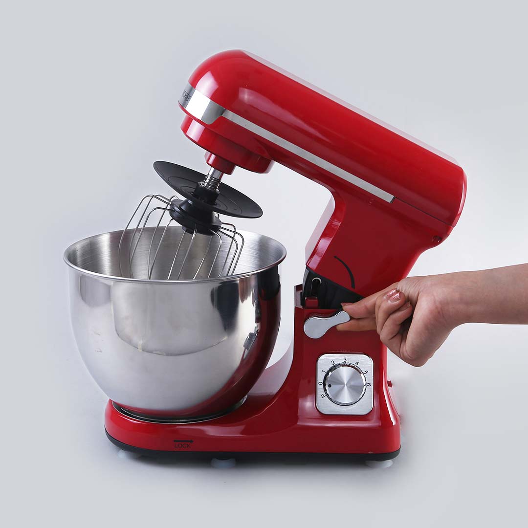 Crimson Edge Die-cast Metal Stand Mixer and Beater, 3 Attachments, 6 Speed Setting, 5L Bowl, 1000W – Red