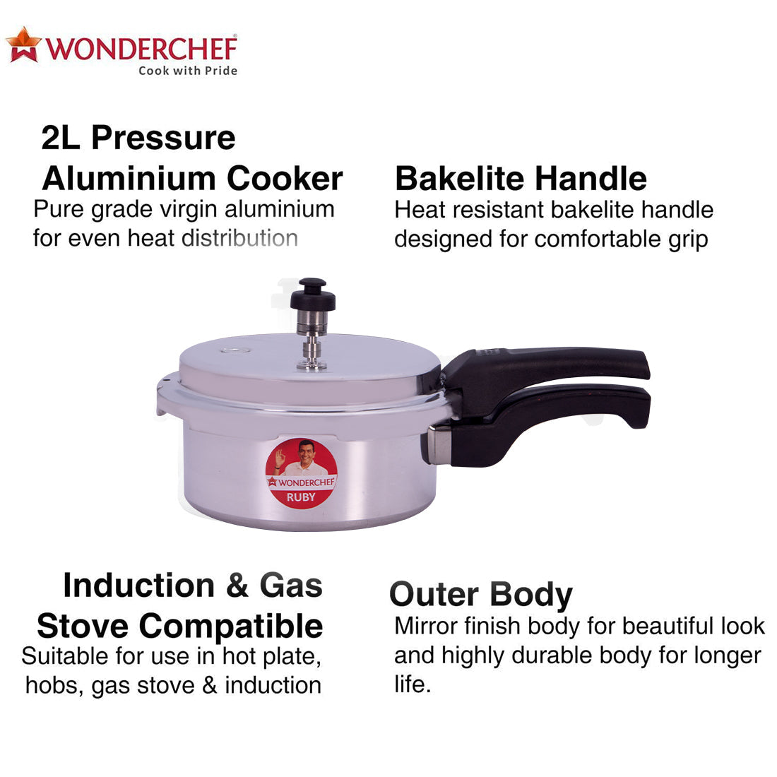 Ruby Induction Base Aluminium Pressure Cooker Combo with Outer Lid, 2, 3, 5L