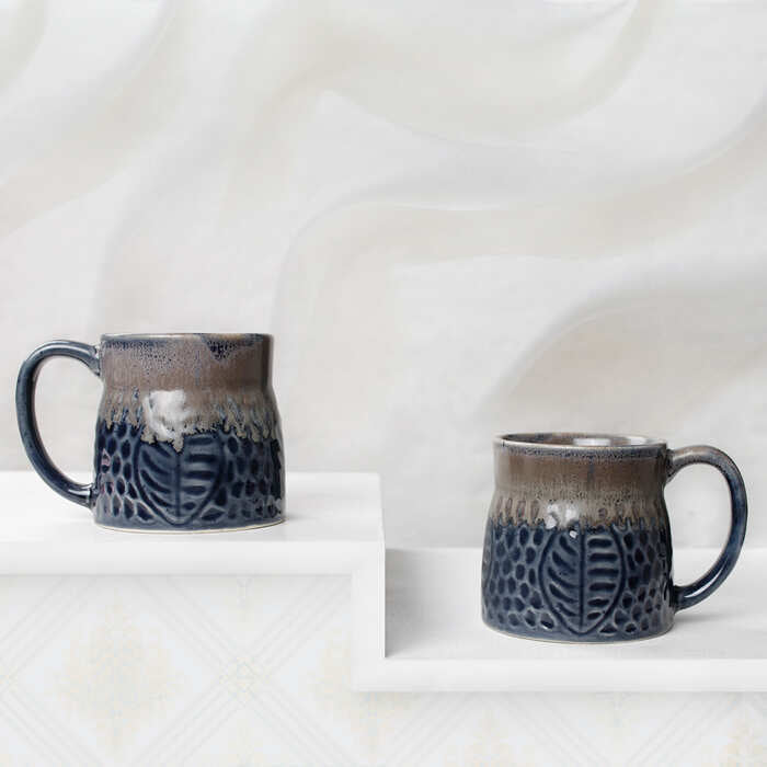 Earth Store Rustic Leaf Blue Mug  (Set of 2)