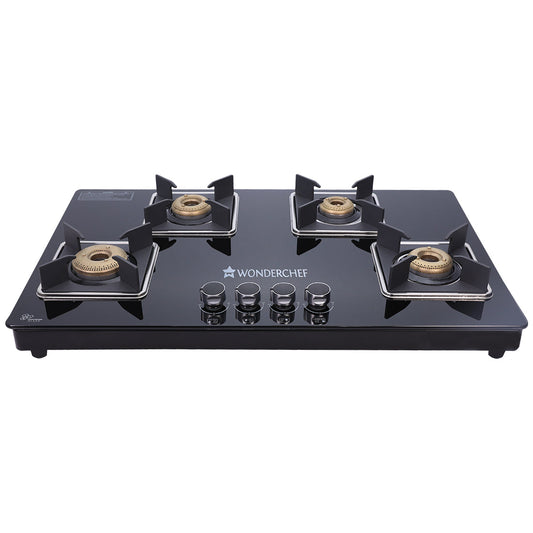 Octavia 4 Burner Glass Hob Top Cooktop, Black 8mm Toughened Glass with 2 Years Warranty, Ergonomic Knobs, Forged Brass Burners, Stainless Steel Drip Tray, Manual ignition